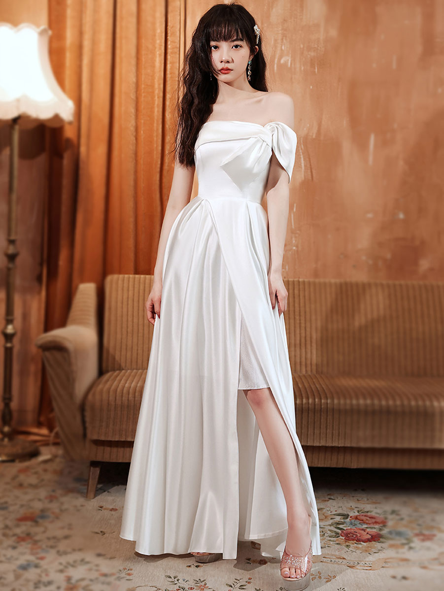 Simple white satin long prom dress, white long bridesmaid dress – toptby