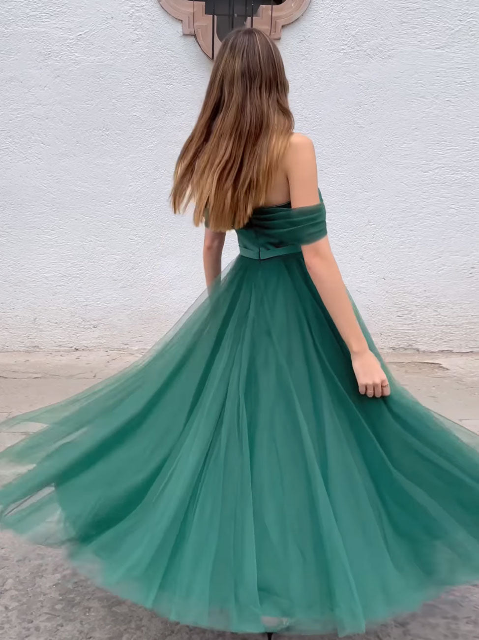 Green tulle lace tea length tulle formal prom dress