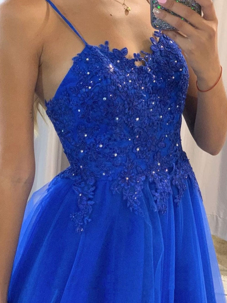 Blue tulle lace long prom dress, blue A-line tulle evening dress toptby Blue tulle lace long prom dress, blue A-line tulle evening dress toptby