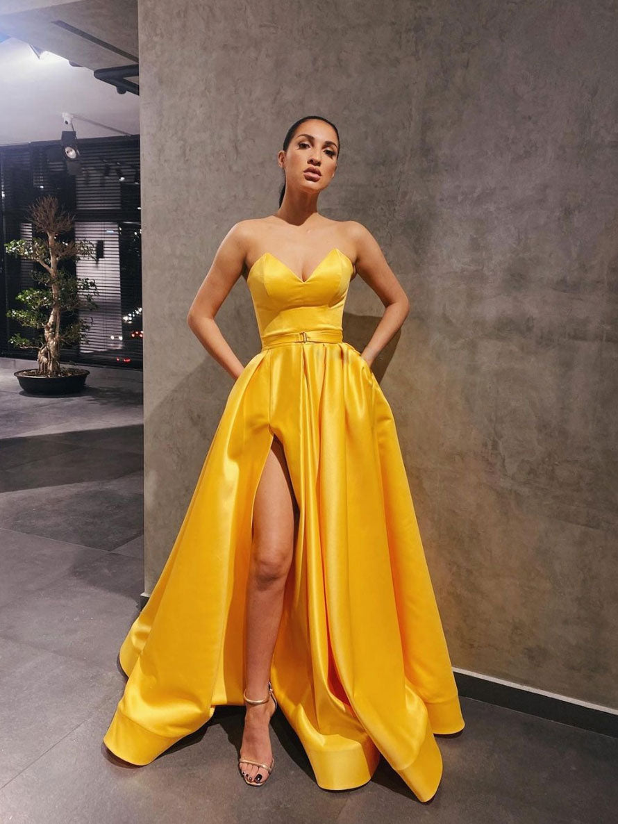 Yellow satin long prom dress simple yellow bridesmaid dress – toptby