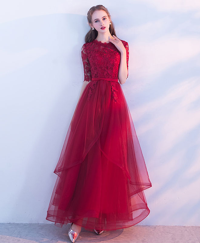 Aline Burgundy Long Prom Dress, Lace Burgundy Formal Graduation Dress