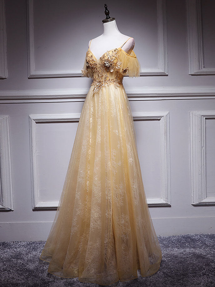 Gold tulle v neck long prom dress gold tulle formal dress