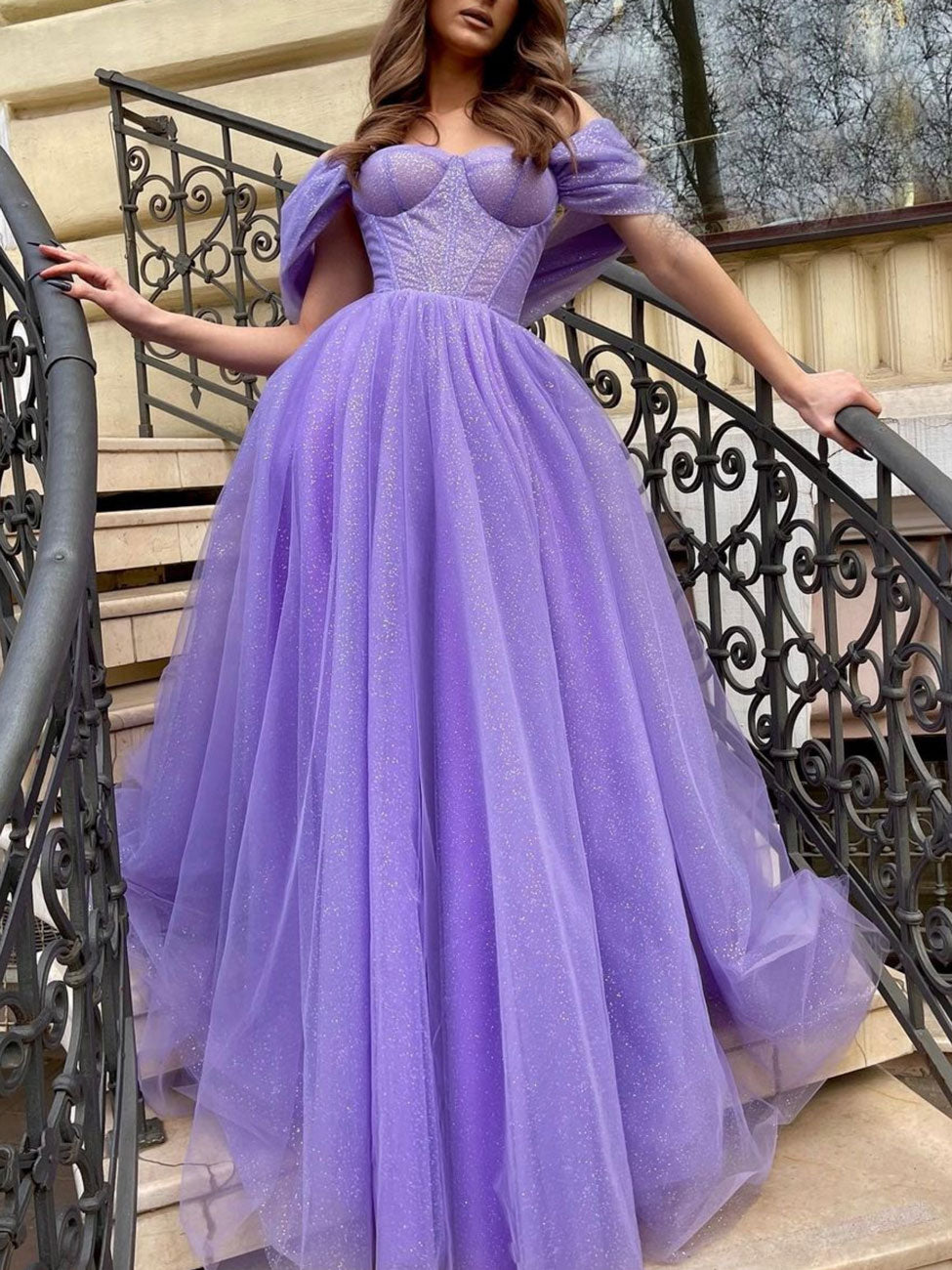 Off the shoulder tulle long floor length gown in lilac purple or