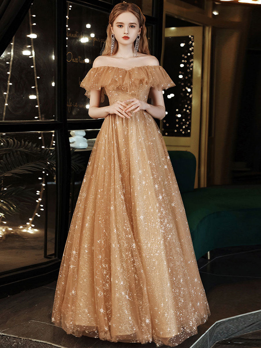 Gold off shoulder tulle long prom dress, gold evening dress – toptby