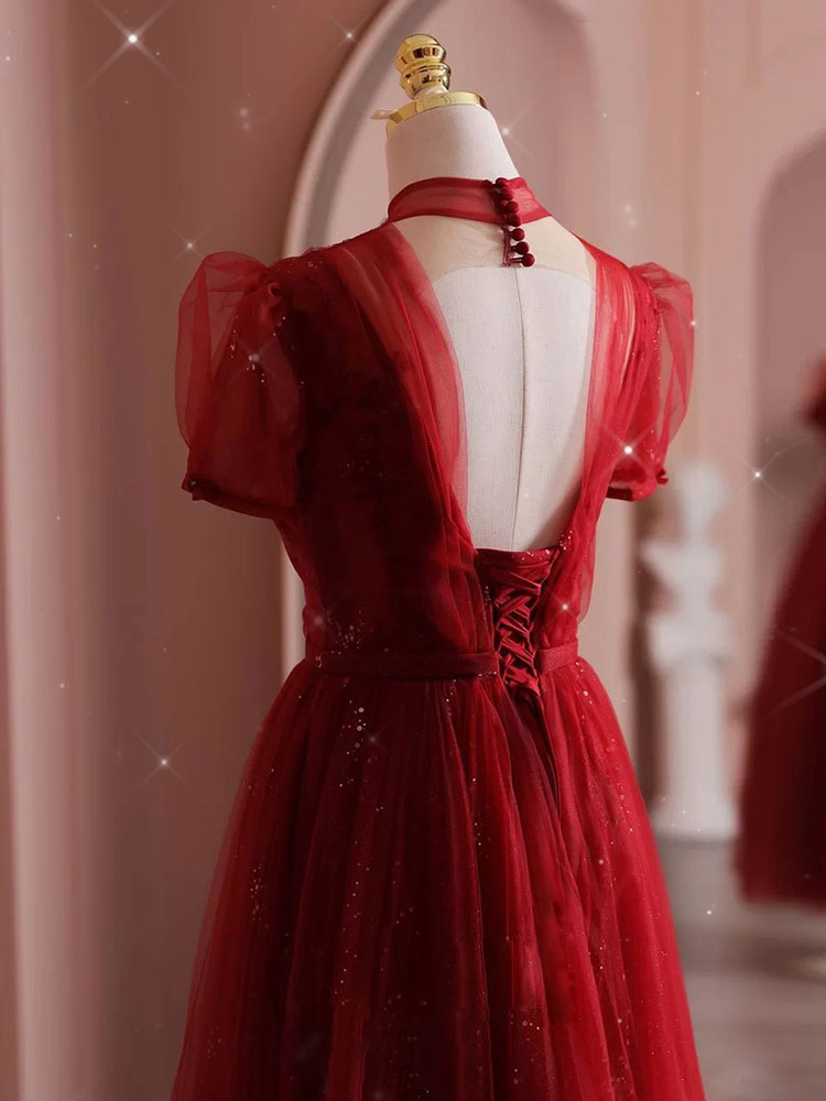 Burgundy tulle sequin long prom dress, burgundy evening dress – toptby