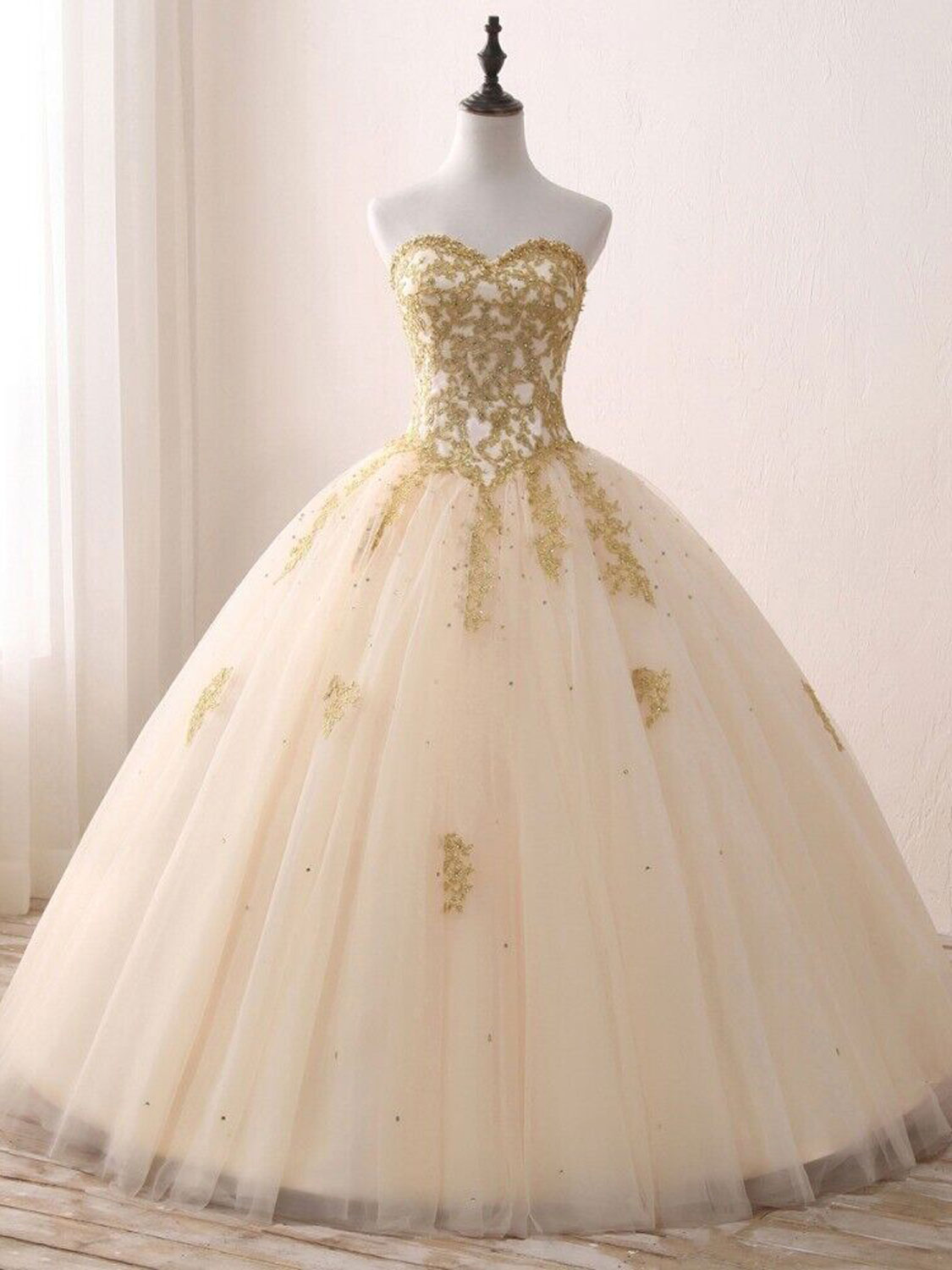 Champagne Sweetheart Neck Tulle Long Prom Gown, Champagne Sweet 16 Dre – toptby
