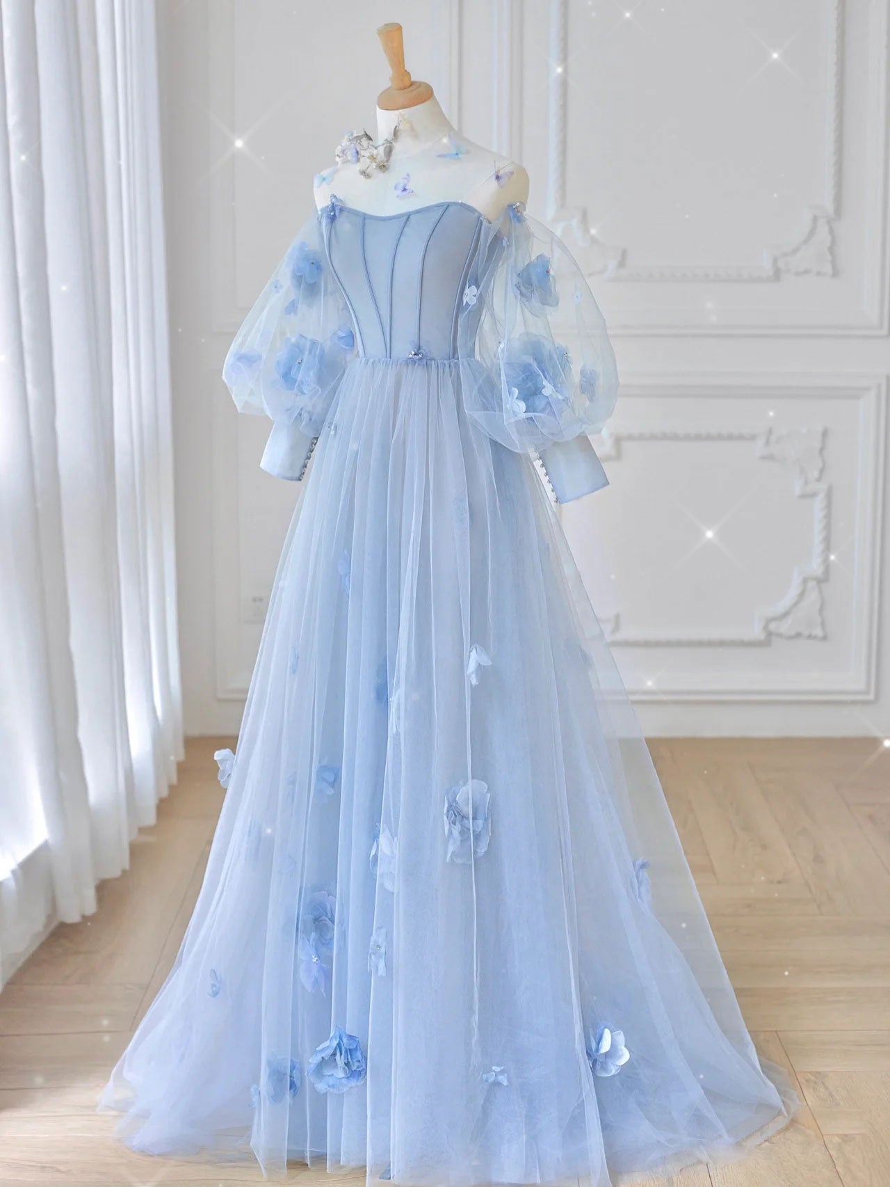 fantasy blue dresses round neck tulle lace long prom dress, blue tulle evening dress – toptby The intricate detailing at Size:Baby (6 - 18 mo) Olive & Black Dress sale-archived