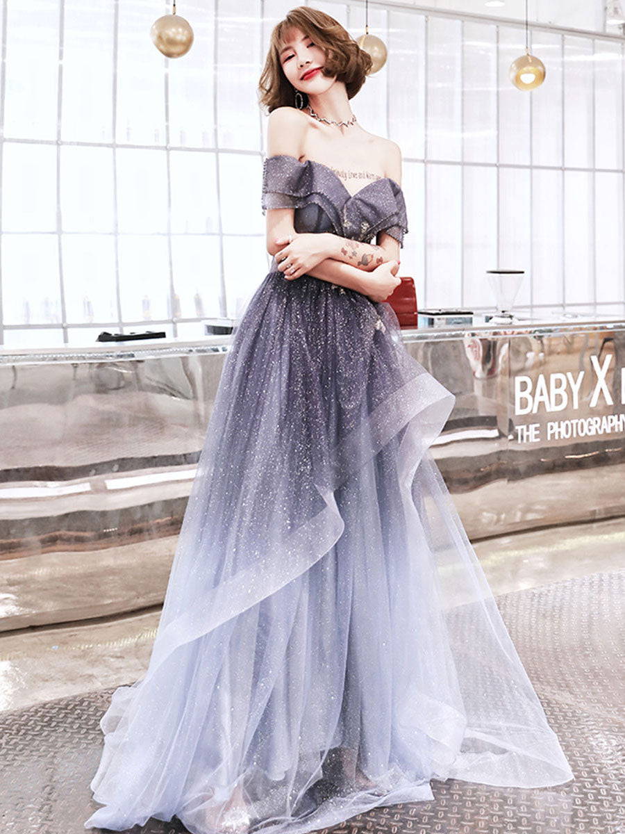 Purple tulle sequin long prom dress purple evening dress – toptby