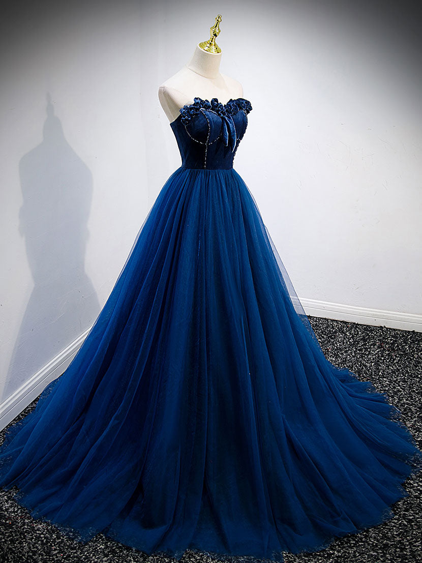 open lace back dress Navy Blue A-line Long Evening Prom Dresses, Sweetheart Prom Dress, MR9 –  MarryLover