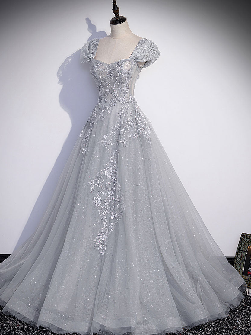 Gray tulle lace long prom dress, gray tulle lace long evening dress