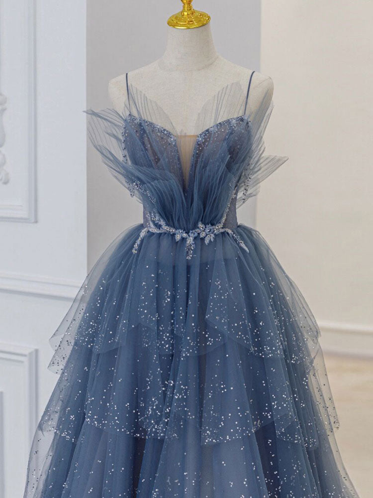 Gray blue tulle sequin beads long prom dress blue evening dress