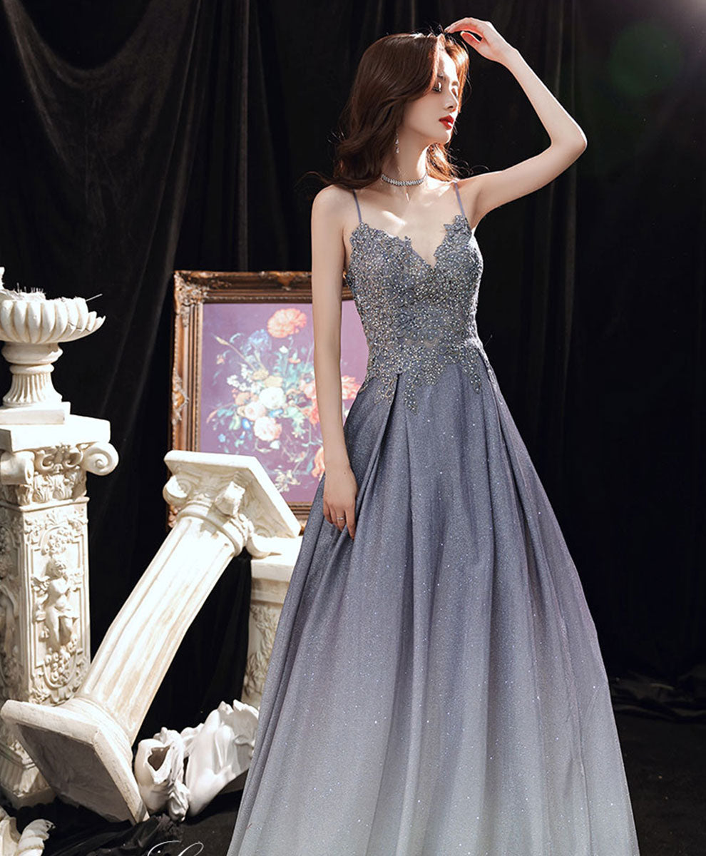 Blue sweetheart satin lace gradient long prom dress  toptby
