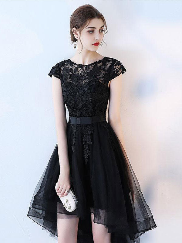 Black lace short prom dress hight low homecoming dress toptby