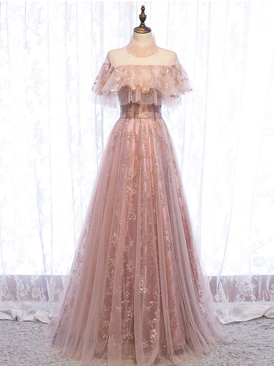 Pink tulle lace long prom dress pink tulle formal dress – toptby