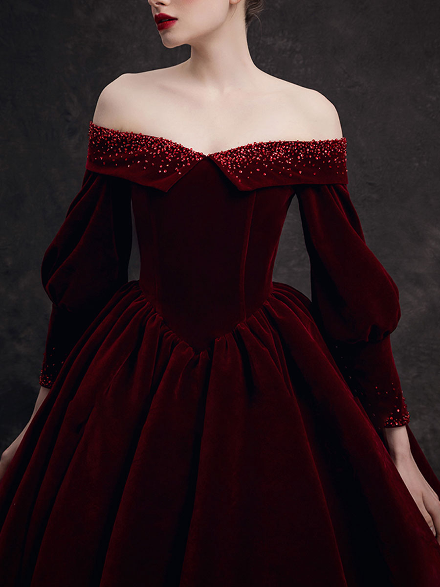 green emerald velvet dress Burgundy Evening Dress A-Line Bateau Neck Short Sleeve Lace Up Buttons —  Bridelily main image 0