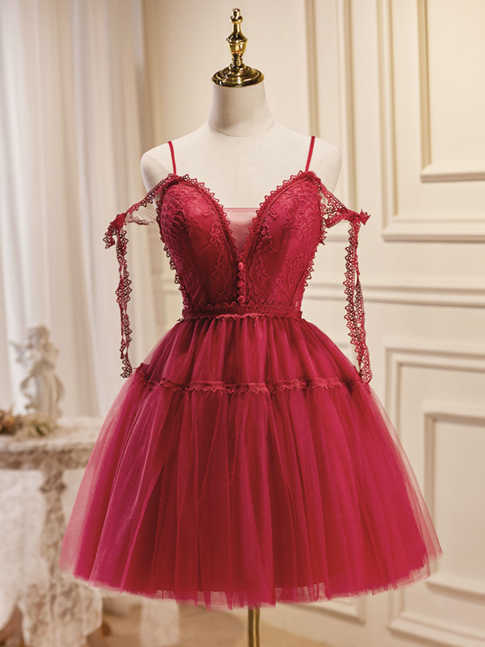 A-Line Burgundy Tulle Lace Short Prom Dresses, Burgundy Homecoming Dre –  toptby