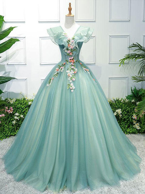 Green tulle lace long prom gown, tulle lace evening dress