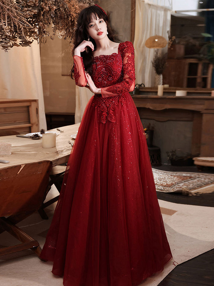 Burgundy tulle lace long prom dress, burgundy bridesmaid dress