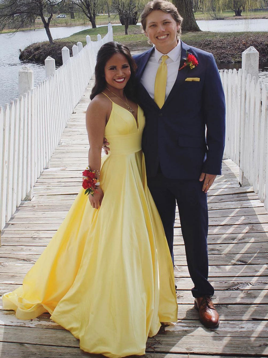 Yellow satin long prom dress, yellow evening dress – toptby