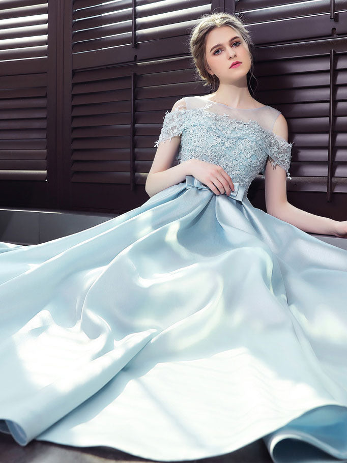 Blue off shoulder lace satin long prom dress, blue bridesmaid dress  toptby
