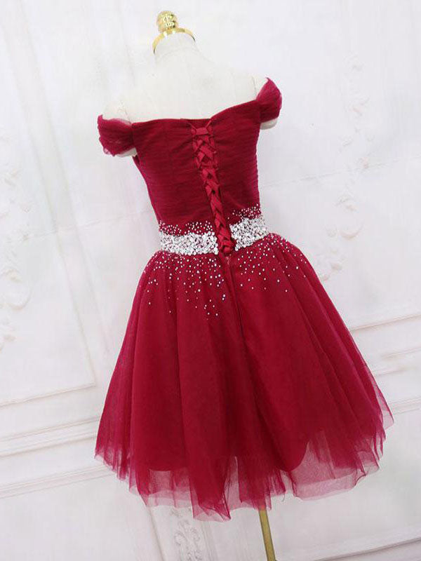 Burgundy tulle sequin short prom dress, burgundy homecoming dress – toptby