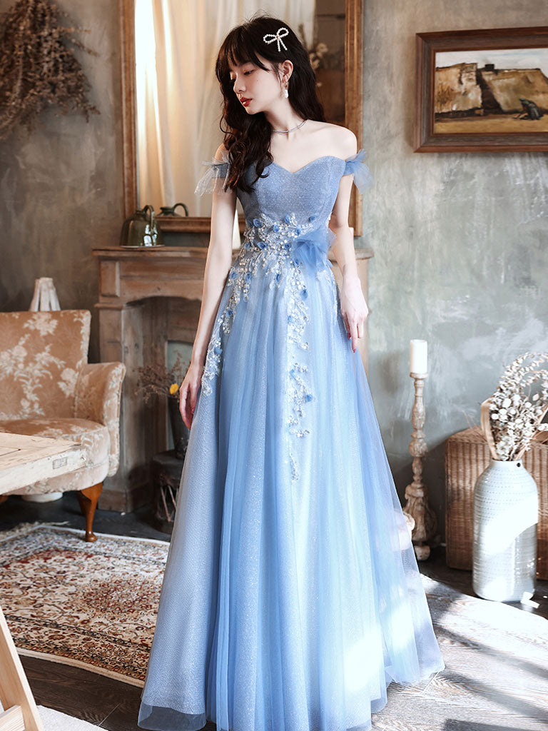 Blue tulle off shoulder long prom dress, blue tulle formal dress Blue tulle off shoulder long prom dress, blue tulle formal dress