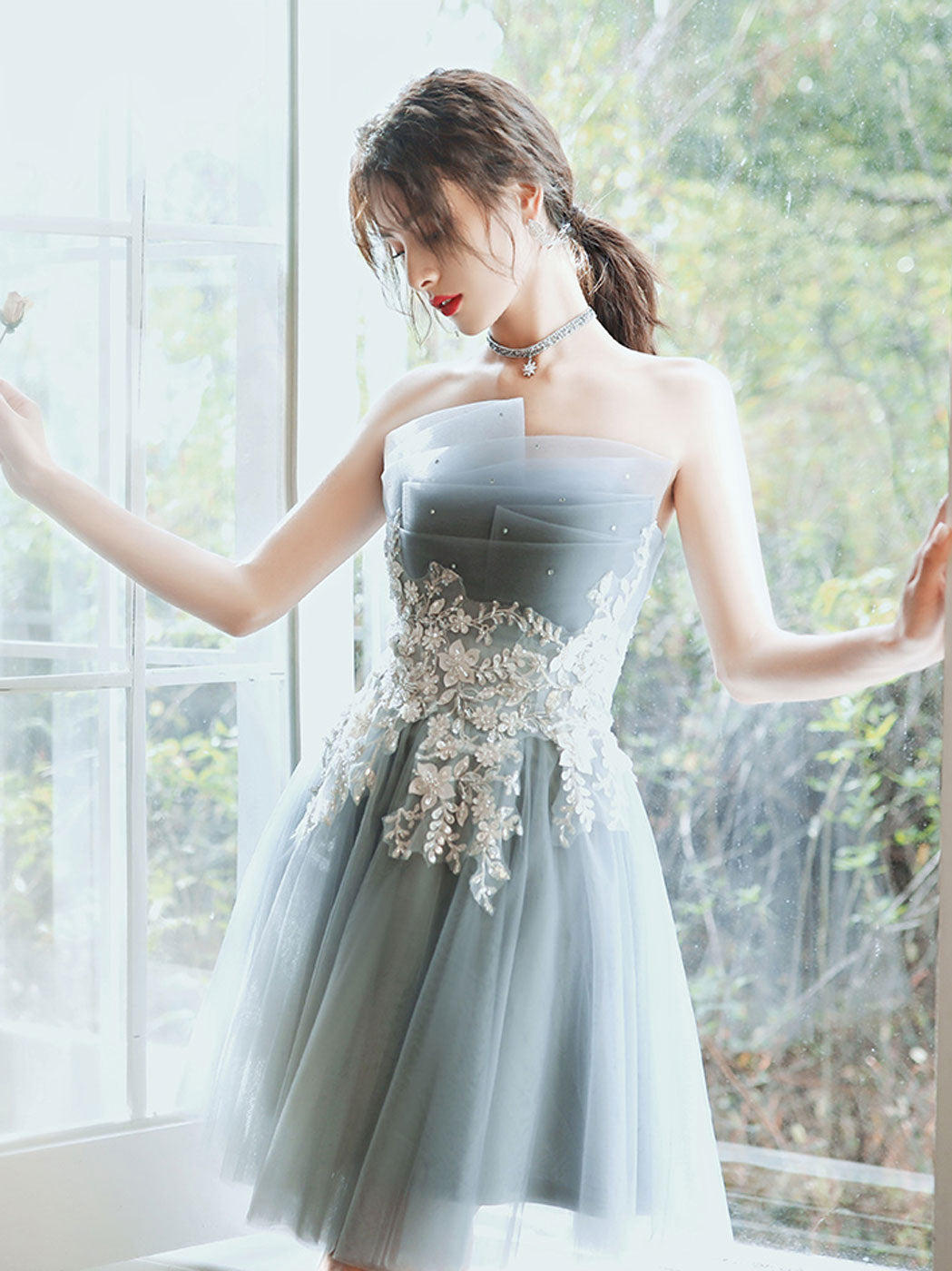 gray homecoming dresses Blue Mini/Short Prom Dresses, Gray Blue country_US The lace Vintage High Waistline Dress Color:Sage Green - Pistachio Color