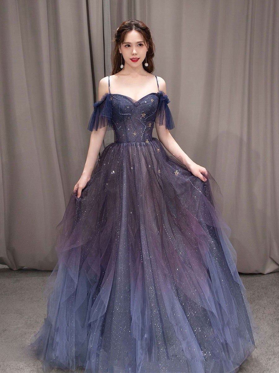 Dark starry sky purple tulle long prom dress purple evening dress Dark starry sky purple tulle long prom dress purple evening dress