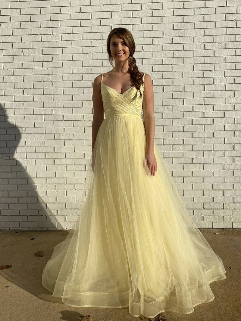 Yellow sweetheart tulle long prom dress yellow formal dress  toptby