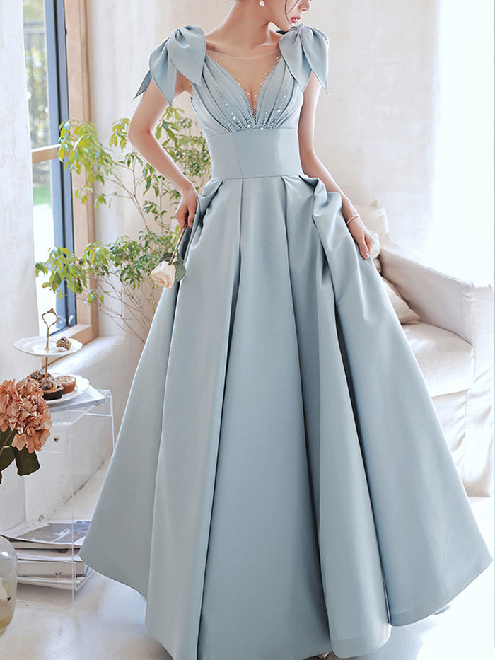 Blue v neck satin beads long prom dress, blue evening dress