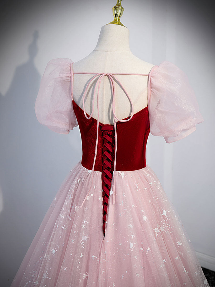 Simple pink A line tulle long prom dress, pink evening dress – toptby