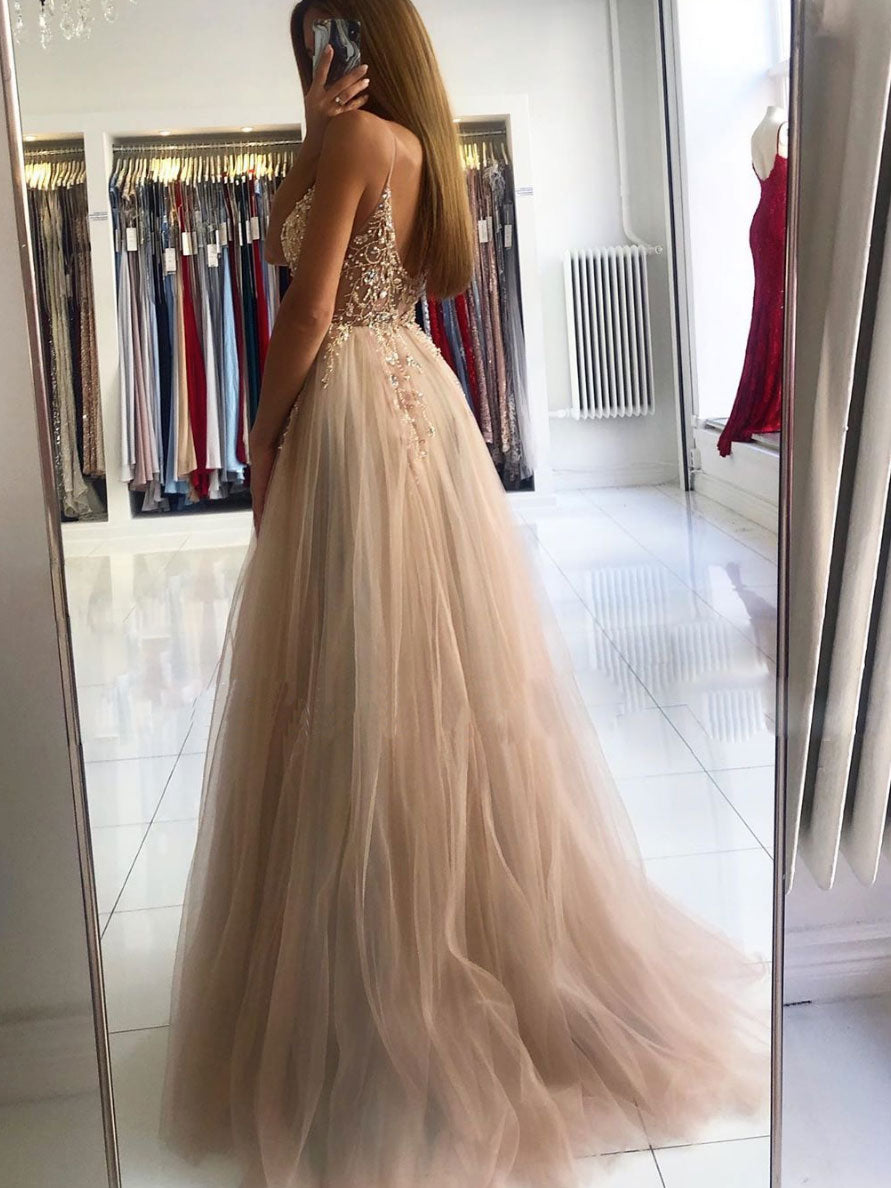 Champagne V Neck Sleeveless Pearl Beaded Feather A-Line Formal Evening Dress