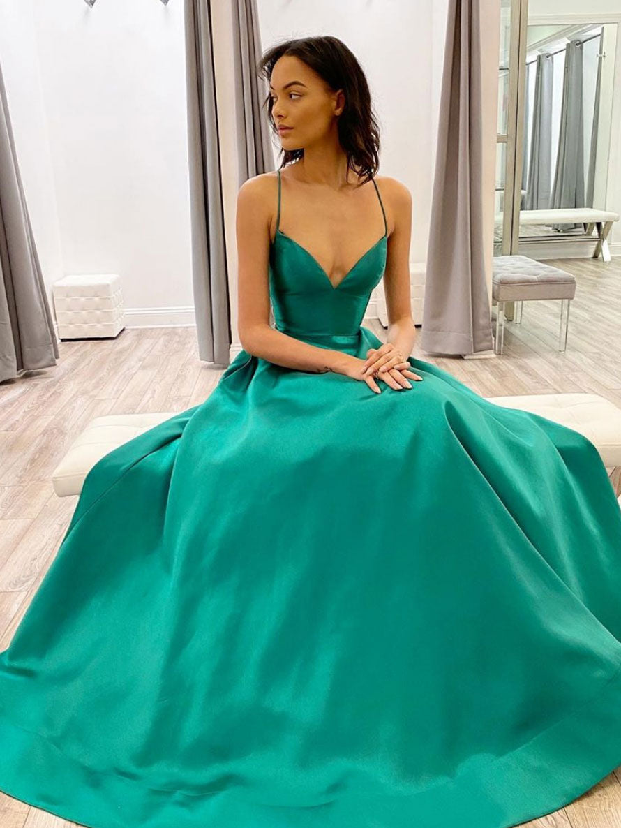 Simple green v neck satin long prom dress green evening dress toptby Simple green v neck satin long prom dress green evening dress toptby