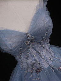Blue A-Line Tulle Long Prom Dresses