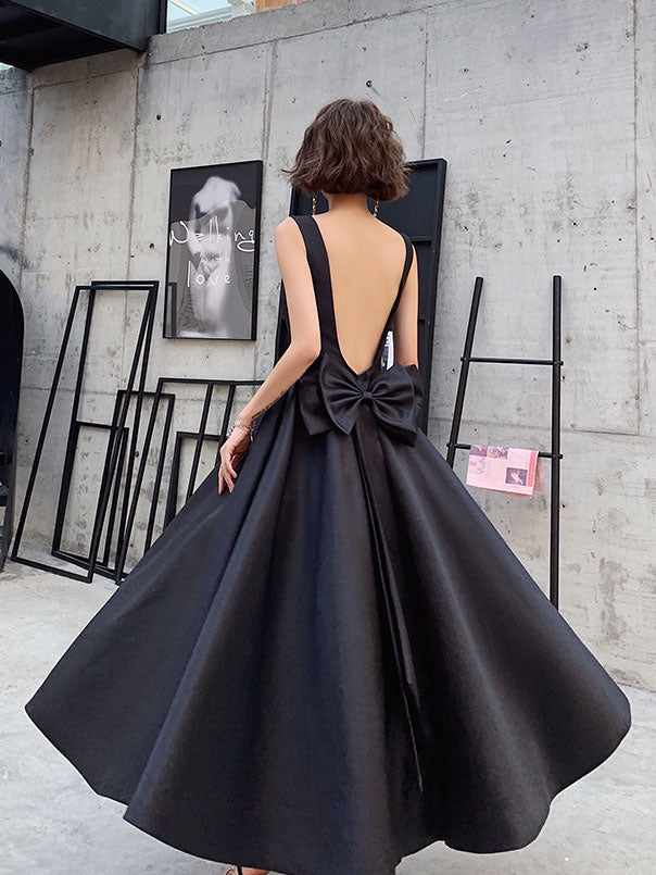 Black satin tea length prom dress black satin evening dress Black satin tea length prom dress black satin evening dress