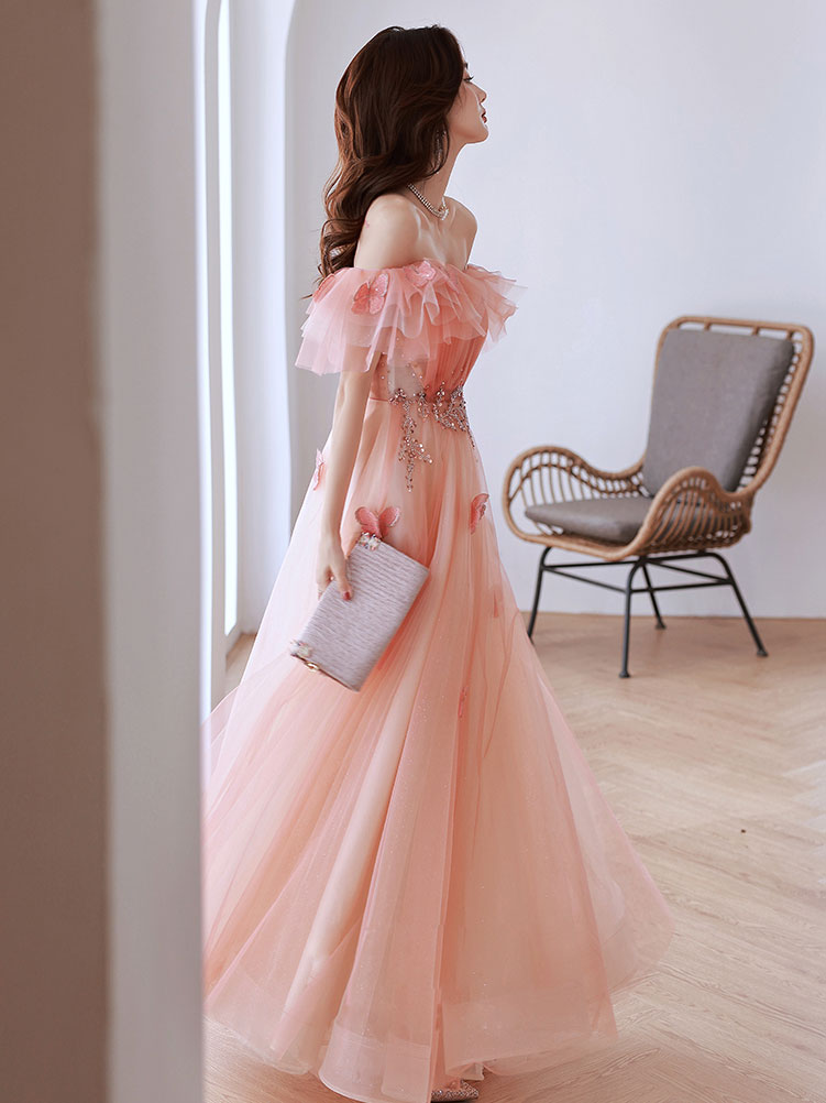 Pink off the shop shoulder dress prom