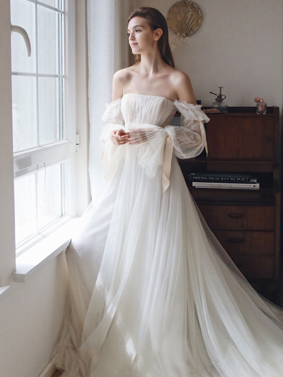 Simple white chiffon long prom dress, white chiffon evening dress