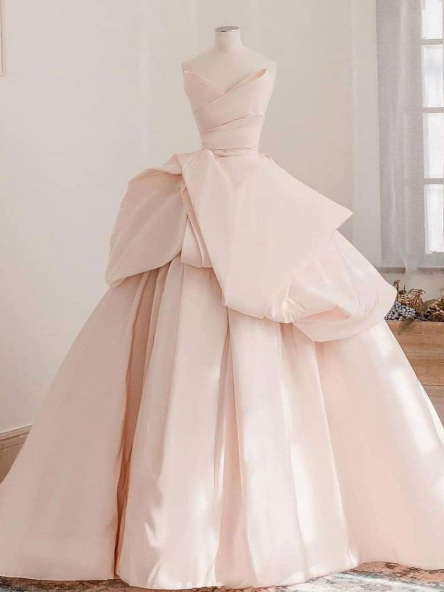 Champagne pink satin long prom gown, champagne evening dress  toptby