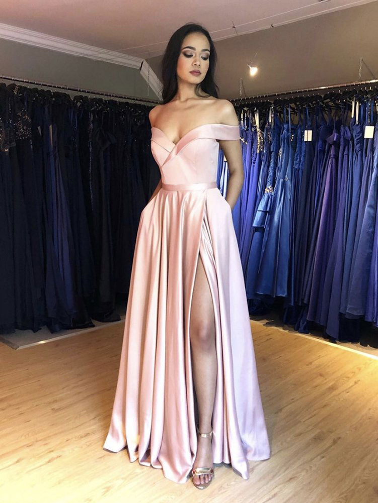 Simple pink satin long prom dress pink bridesmaid dress – toptby