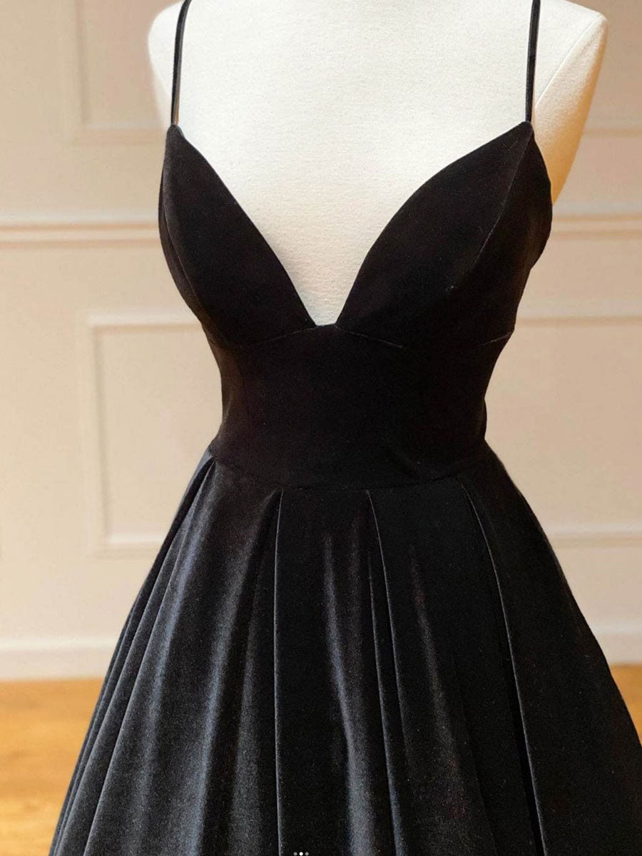 Black velvet long prom dress, black evening dress  toptby