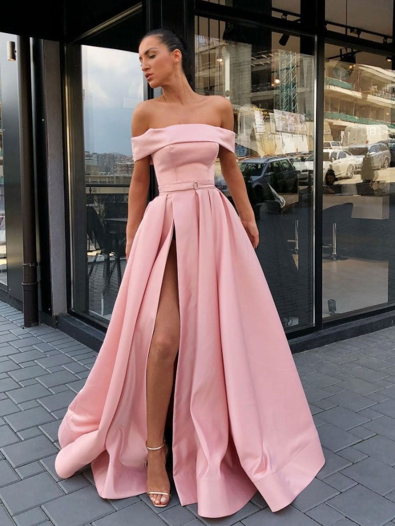 Simple pink off shoulder satin long prom dress, pink evening dress toptby Simple pink off shoulder satin long prom dress, pink evening dress toptby