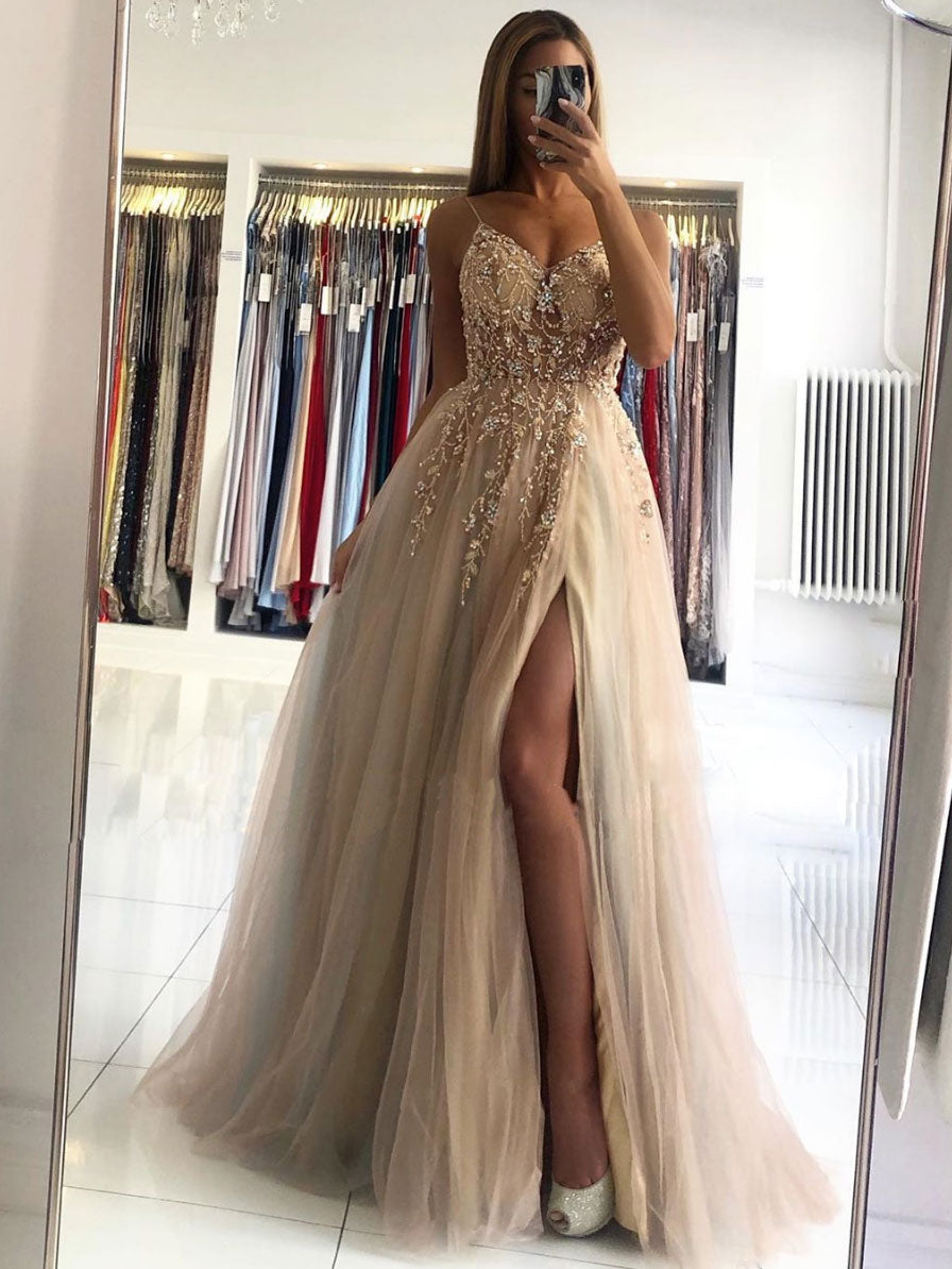 Champagne v neck beads long prom dress champagne evening dress toptby Champagne v neck beads long prom dress champagne evening dress toptby