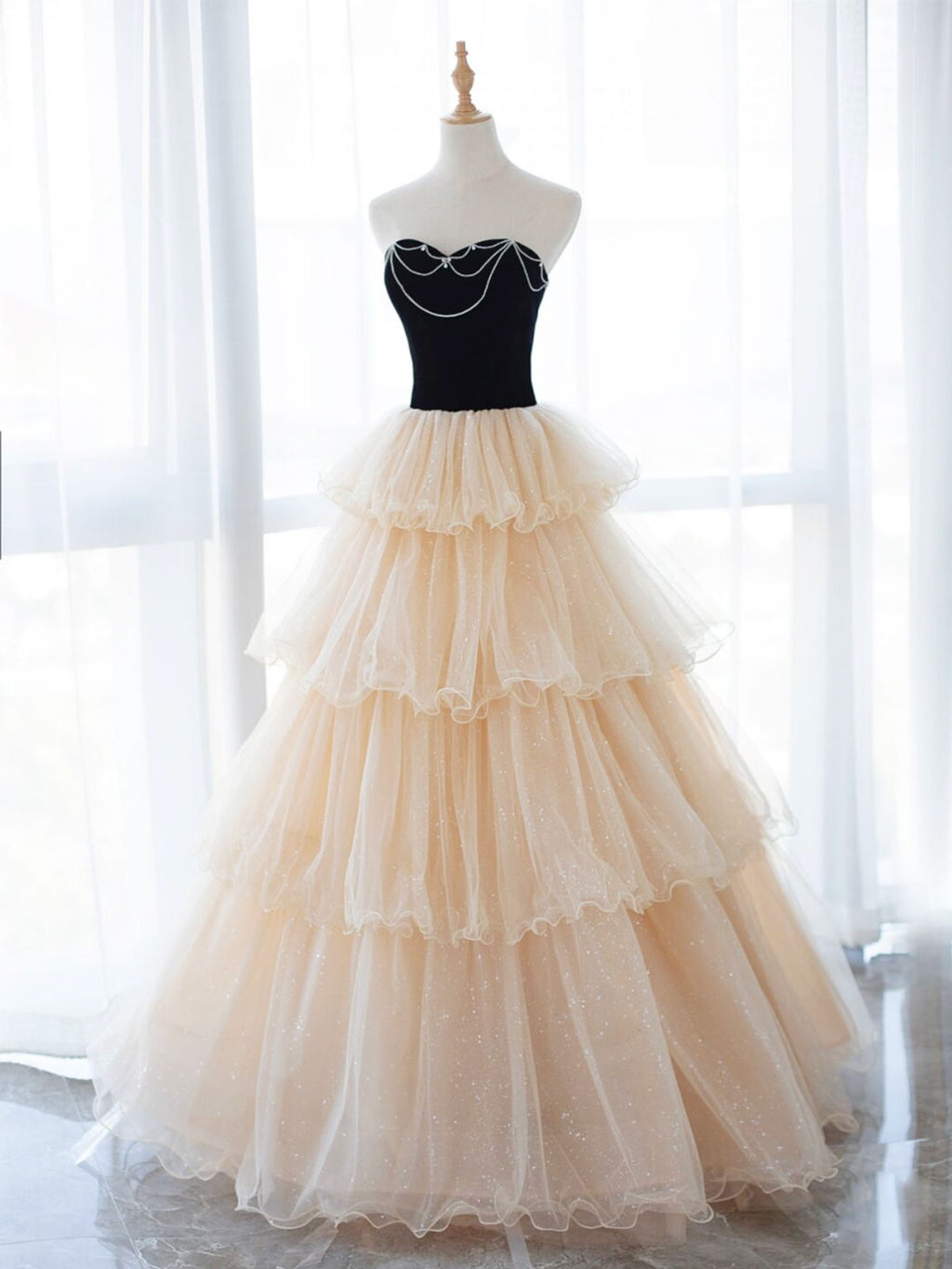 Black and Champagne Tulle Straps Prom Dress with Bow, Black Long Party Dress