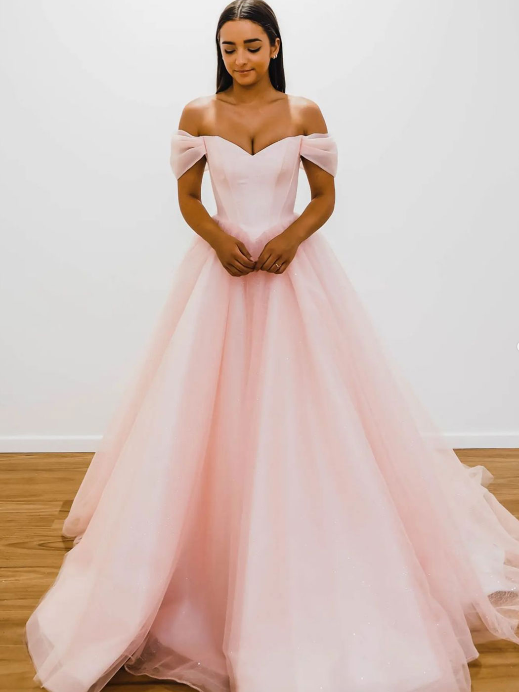 Pink off shoulder tulle long prom dress, pink tulle formal dress toptby Pink off shoulder tulle long prom dress, pink tulle formal dress toptby