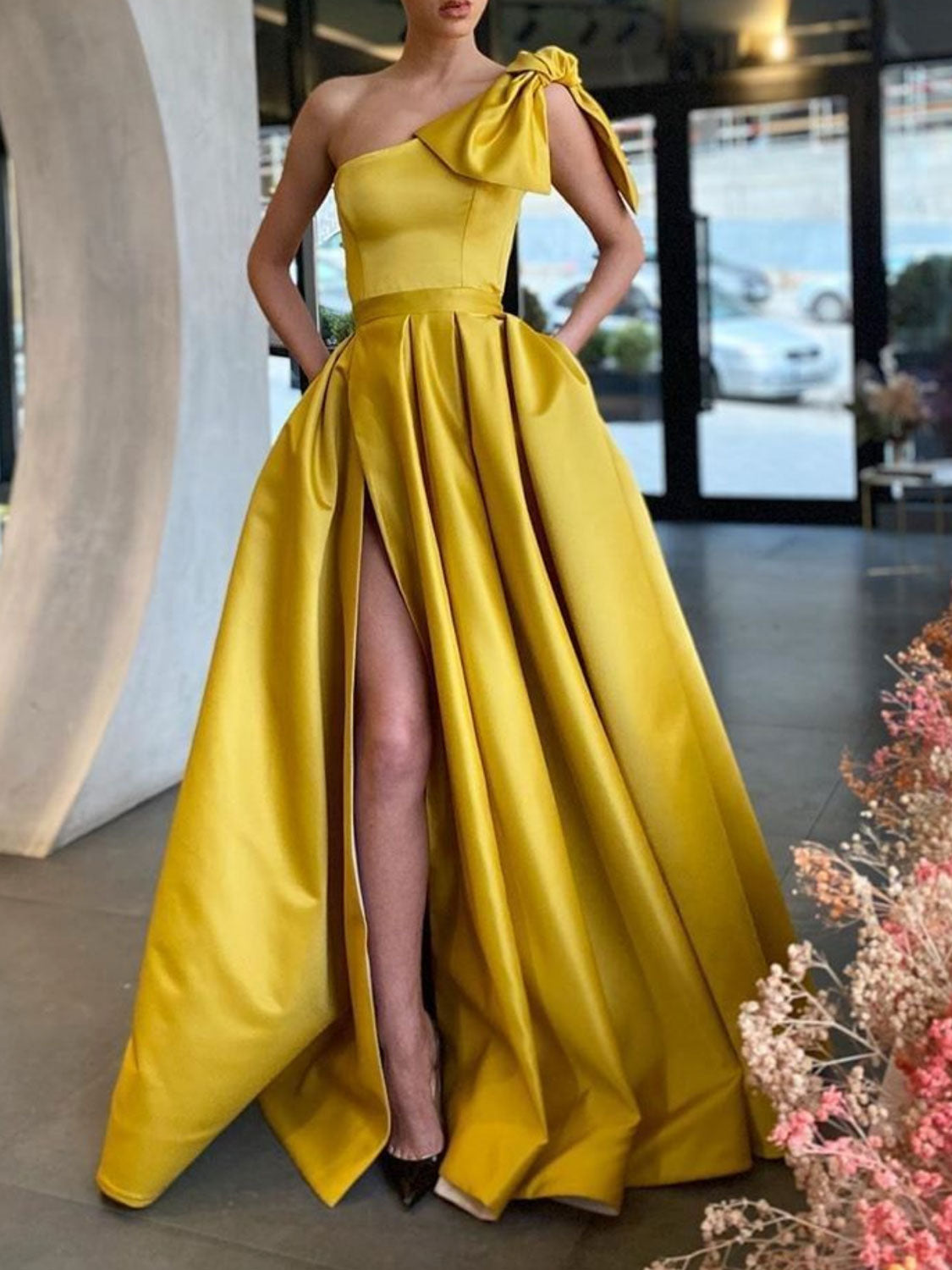 Yellow one shoulder satin long prom dress, yellow evening dress toptby Yellow one shoulder satin long prom dress, yellow evening dress toptby