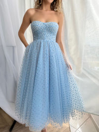 A line Blue Tulle Short Prom Dresses, Blue Formal Homecoming Dresses