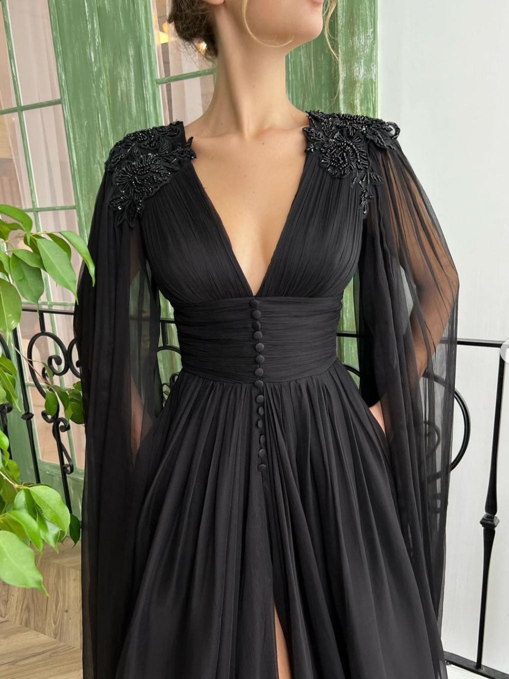 Aline Chiffon Black Long Prom Dress, V Neck Black Formal Evening Dress toptby Aline Chiffon Black Long Prom Dress, V Neck Black Formal Evening Dress toptby