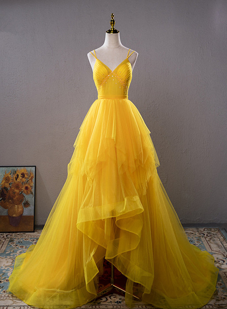 Yellow v neck tulle long prom dress high low long yellow graduation dress Yellow v neck tulle long prom dress high low long yellow graduation dress