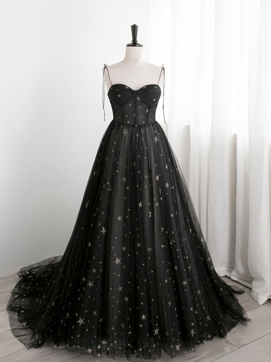Black sweetheart neck tulle long prom dress A line black evening dress –  toptby