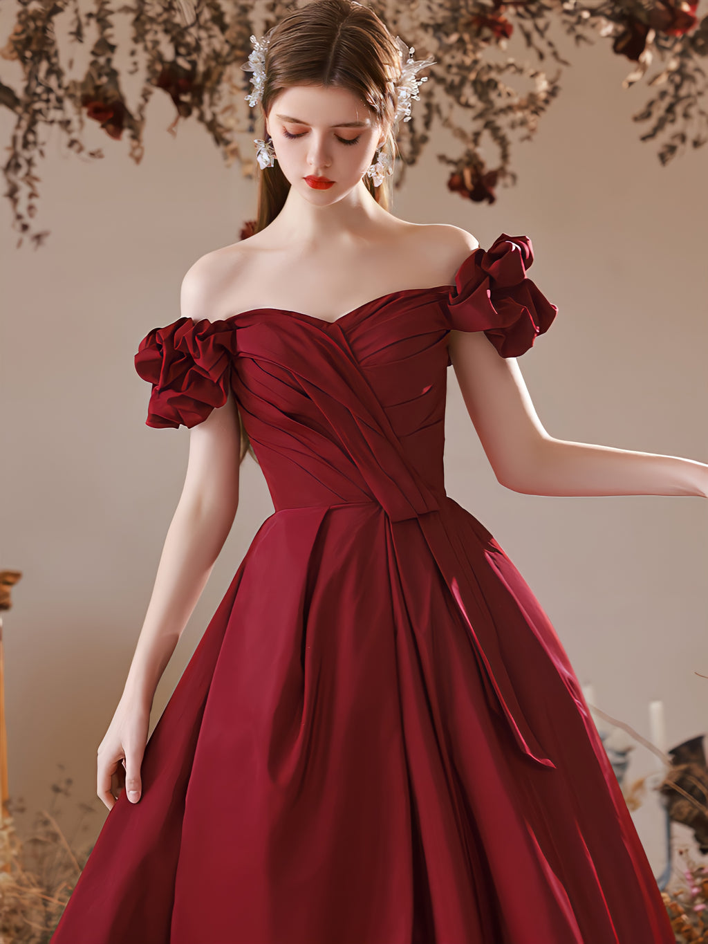 Burgundy prom dress,off the shoulder evening dress,formal gown long  C2015